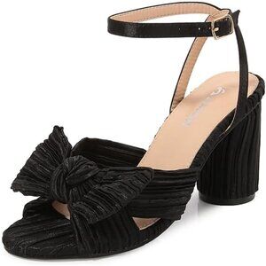 🆕Women Black Ankle Strap Bowknot Chunky Wedding Party Dress Shoes Heeled Sandal